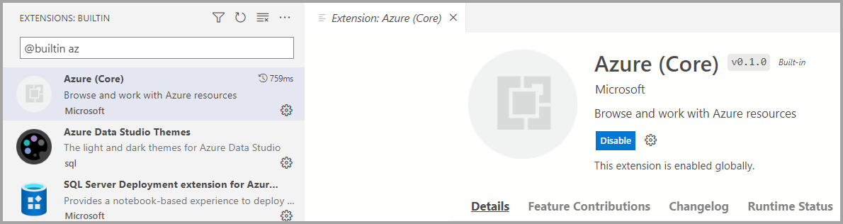 Captura de pantalla de la extensión integrada de Azure Core.