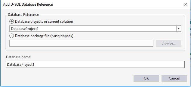 Asistente para la adición de referencia de proyecto de base de datos de Herramientas de Data Lake para Visual Studio