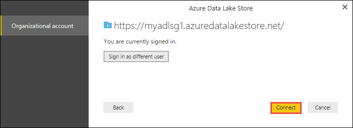 Captura de pantalla del cuadro de diálogo Azure Data Lake Store con la opción Conectar resaltada.