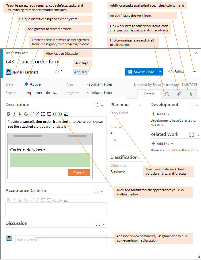 User story work item form 