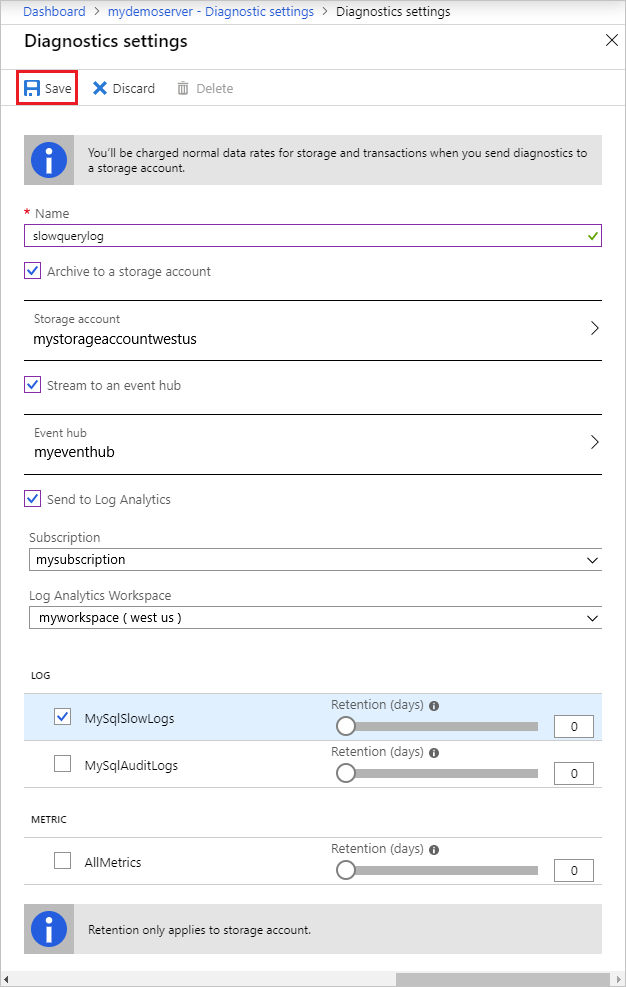 Captura de pantalla de las opciones de configuración de diagnóstico, con la opción Guardar resaltada