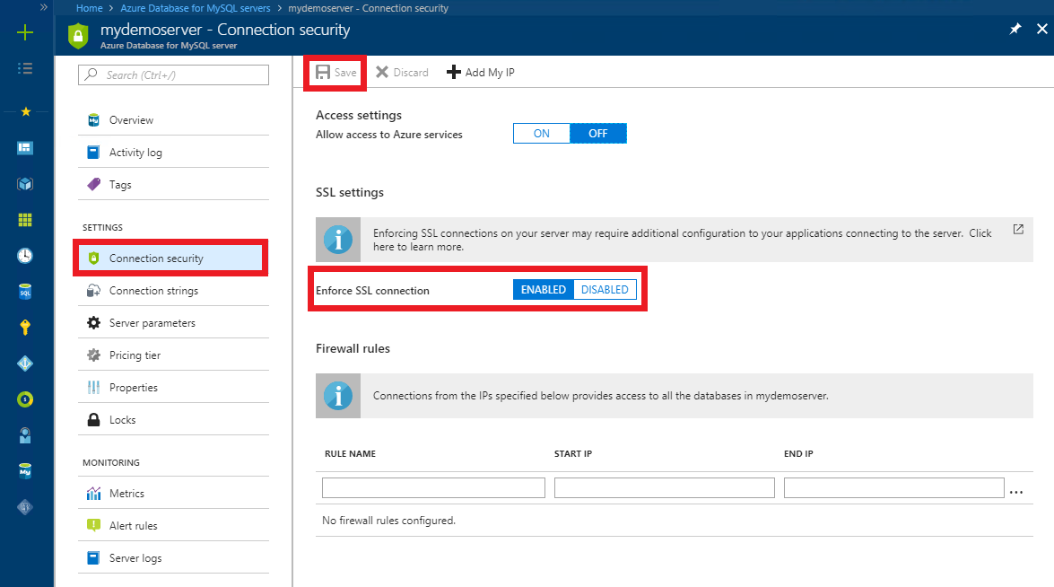 Captura de pantalla de Azure Portal aplicar conexiones SSL en Azure Database for MySQL
