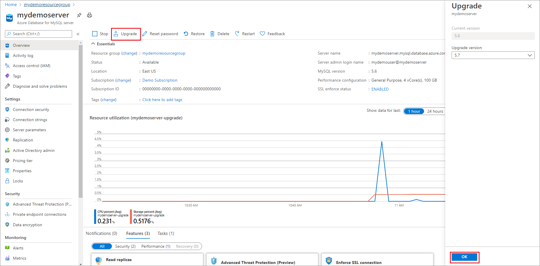 Opción Actualizar en la información general de Azure Database for MySQL