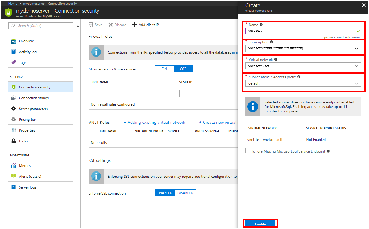 Azure Portal: configuración de red virtual