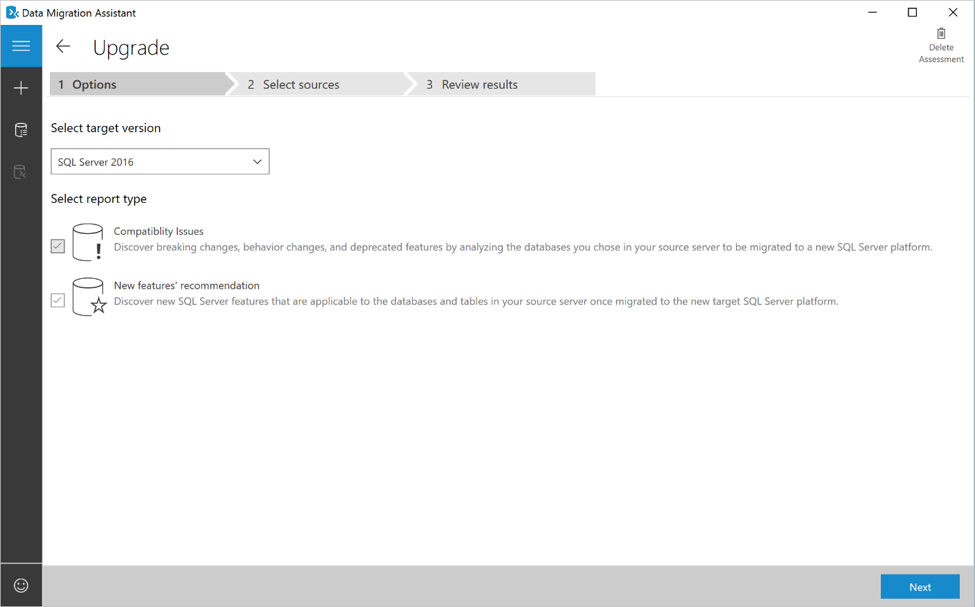 Captura de pantalla de Seleccionar un tipo de informe de evaluación para el objetivo de SQL Server.