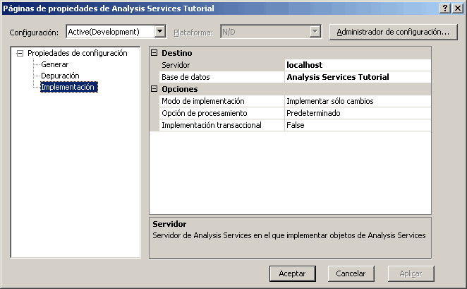 Cuadro de diálogo Páginas de propiedades de Tutorial de Analysis Services