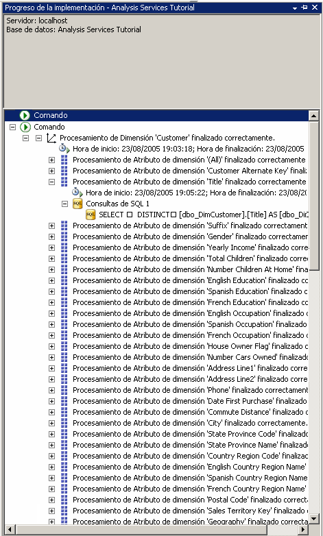 Nodo SQL queries 1 en la ventana Progreso de la implementación