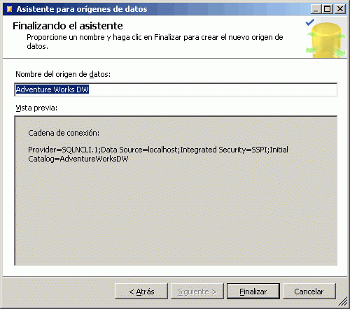 Página Finalización del asistente del Asistente para orígenes de datos