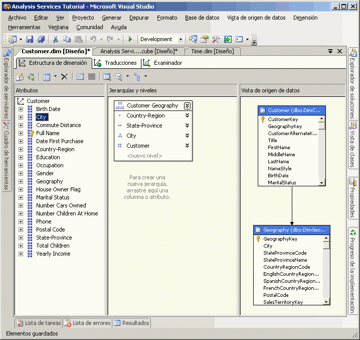 Dimensión Customer modificada en el Diseñador de dimensiones