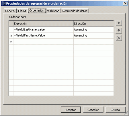 Ficha Ordenación, página Propiedades de agrupación y ordenación