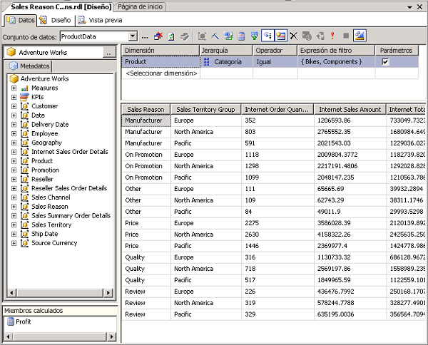 Captura de pantalla del Diseñador de consultas MDX