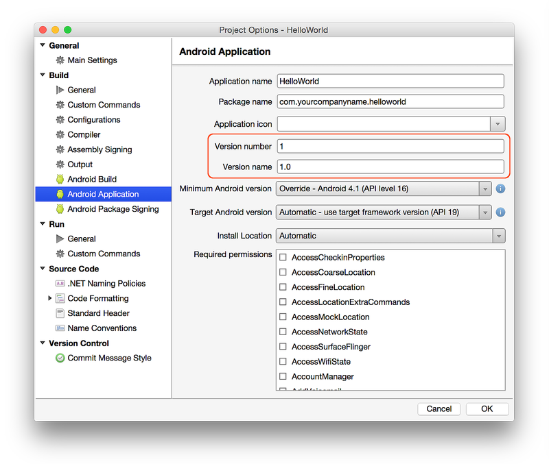 Establecer el número de versión