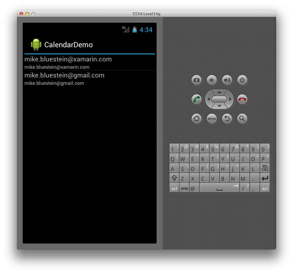 CalendarDemo ejecutándose en el emulador, mostrando dos entradas de calendario