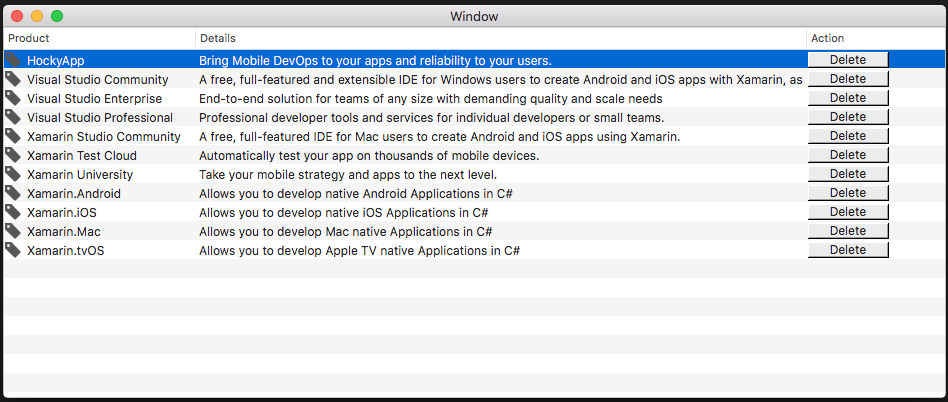Vista de tabla con botones de eliminación