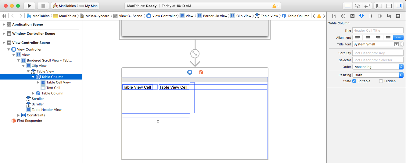 La captura de pantalla muestra las propiedades disponibles para una Columna de Tabla en el Inspector de atributos.