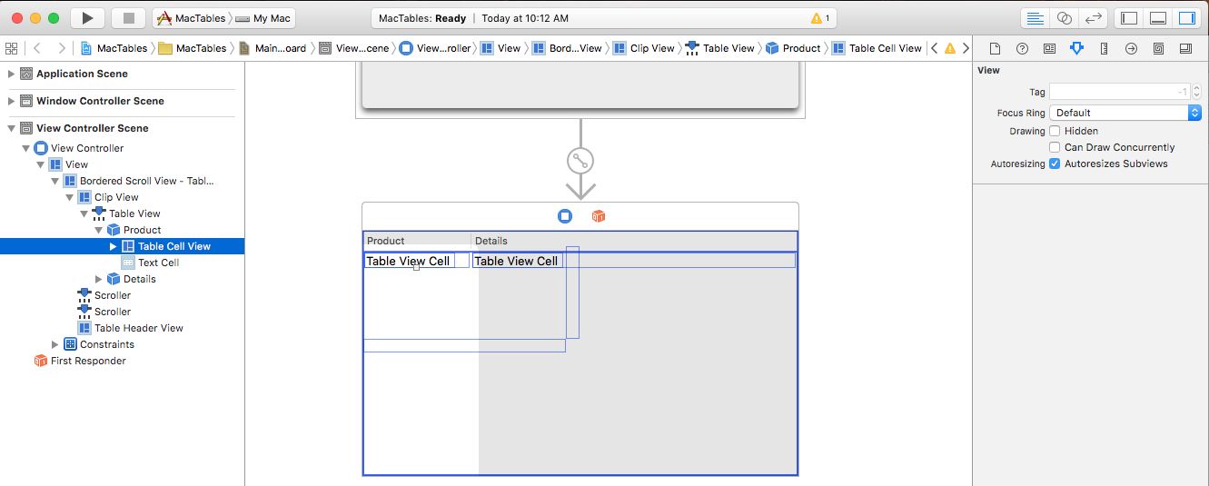 La captura de pantalla muestra las propiedades disponibles para una vista de celda de tabla en el inspector de atributos.