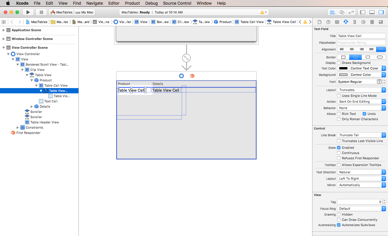 La captura de pantalla muestra las propiedades disponibles para una celda de la vista tabla en el Inspector de atributos.