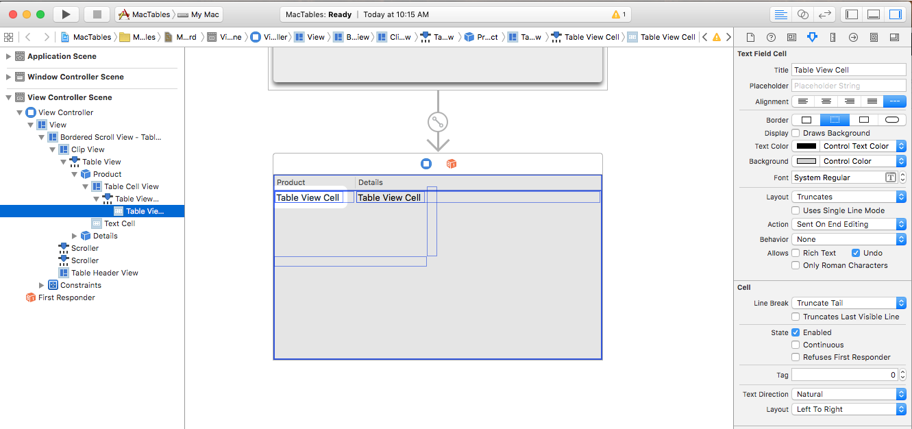 La captura de pantalla muestra las propiedades disponibles para una celda de vista de tabla diferente en el inspector de atributos.