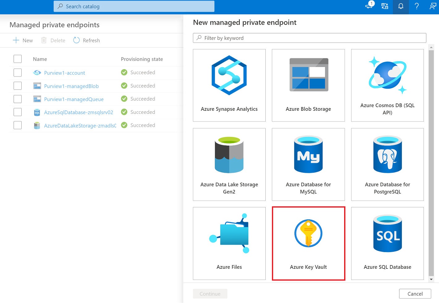 Captura de pantalla que muestra cómo crear un punto de conexión privado administrado para Azure Key Vault