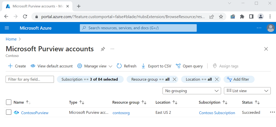 Captura de pantalla que muestra la página de cuentas de Purview en el Azure Portal