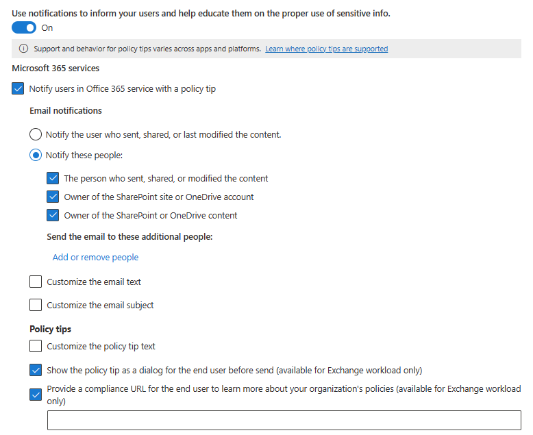 Captura de pantalla de la acción DLP para habilitar las notificaciones de usuario.