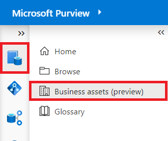 Captura de pantalla del menú izquierdo en el portal de gobernanza de Microsoft Purview, el mapa de datos y los botones de recursos empresariales resaltados.