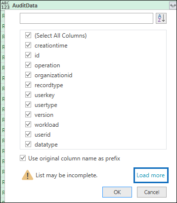 Captura de pantalla de la lista de propiedades JSON expandidas en la columna AuditData con la opción Cargar más para mostrar todas las propiedades.