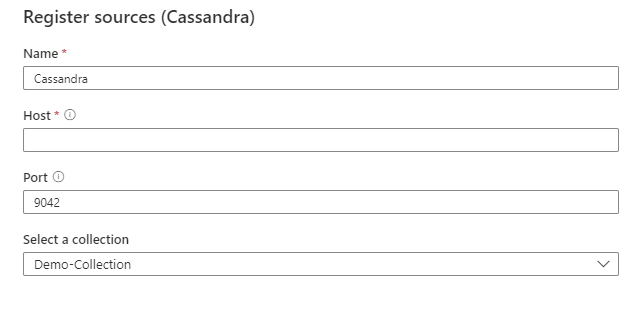 Captura de pantalla que muestra la pantalla Registrar orígenes (Cassandra).