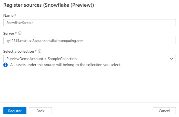 Captura de pantalla de la página Registrar orígenes de Snowflake en Microsoft Purview con campos de nombre, dirección URL del servidor y colección.