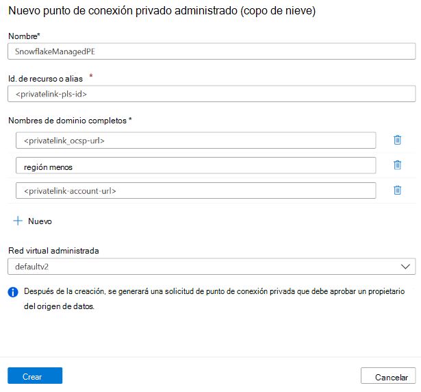 Captura de pantalla de la página de creación de puntos de conexión privados administrados para Snowflake en Microsoft Purview.