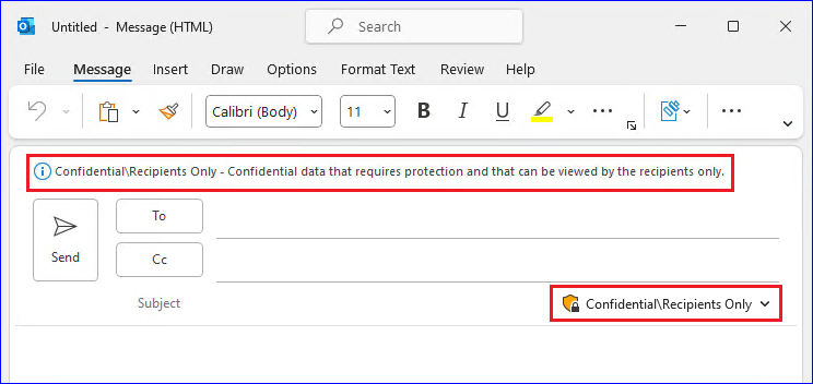 Etiqueta de confidencialidad aplicada al mensaje en Outlook.