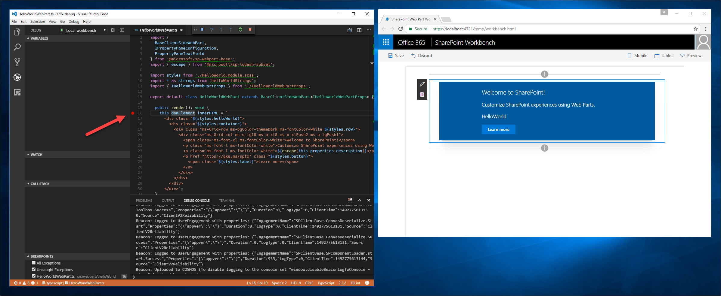 Punto de interrupción activo después de agregar el elemento web al lienzo