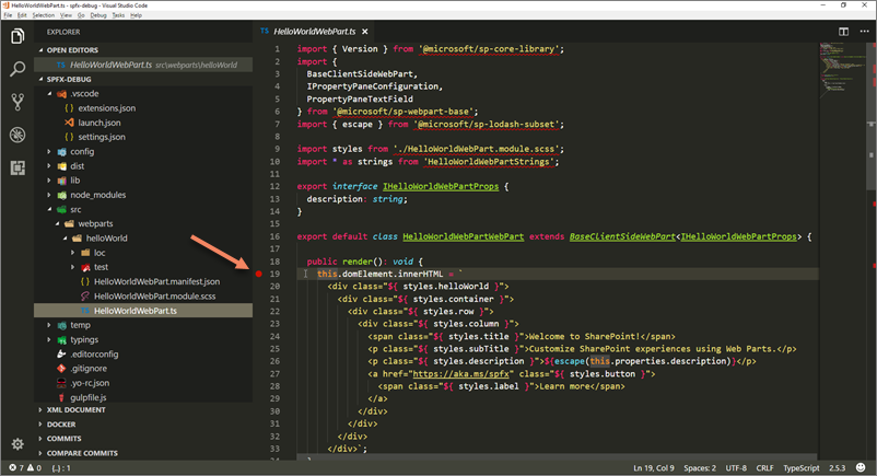 Punto de interrupción configurado en un elemento web del lado cliente de SharePoint Framework en Visual Studio Code