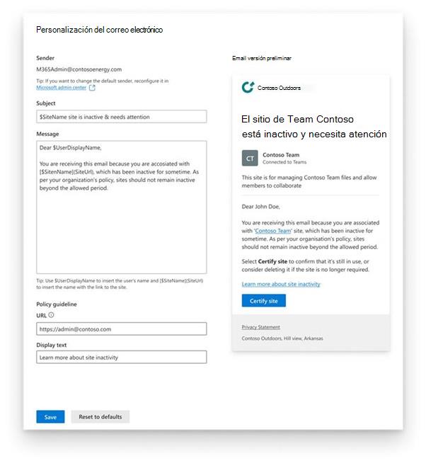 Recorte de pantalla que muestra la ventana de personalización del correo electrónico con campos para remitente, asunto, mensaje, URL de la directriz de directiva y texto de descripción de la directriz de directiva.