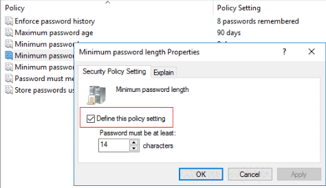 Captura de pantalla de la configuración de directiva de seguridad de longitud mínima de contraseña.