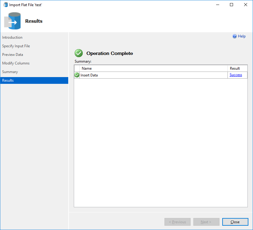 Recorte de pantalla del menú Resultados del Asistente de importación de archivo plano.