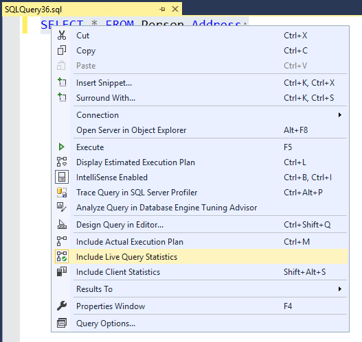 Captura de pantalla de SQL Server Management Studio, mostrando el botón Estadísticas de consultas en vivo en el menú emergente.