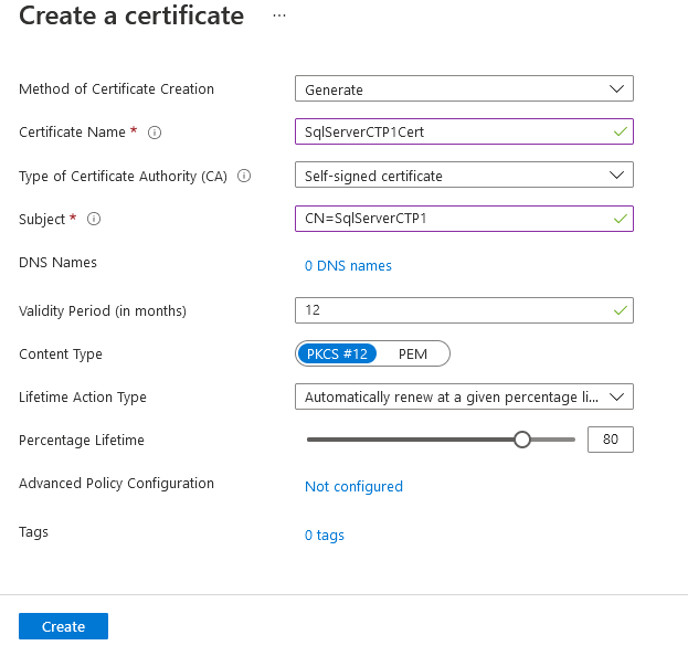 Captura de pantalla de la creación del certificado en Azure Portal.