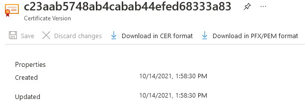 Captura de pantalla del certificado en Azure Portal, donde puede ver y descargar el certificado.