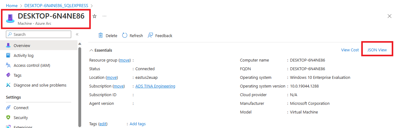 Captura de pantalla del recurso de servidor Azure Arc en el portal.