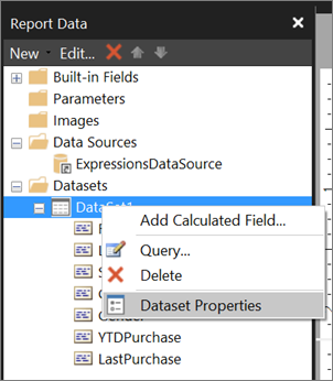 Captura de pantalla que muestra cómo acceder a las propiedades del conjunto de datos en Report Builder.