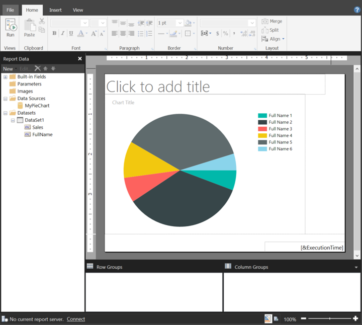 Captura de pantalla del nuevo gráfico circular de Report Builder en la vista de diseño.