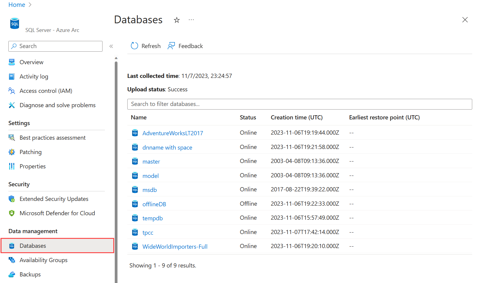 Screenshot of Azure portal, SQL Server database properties.