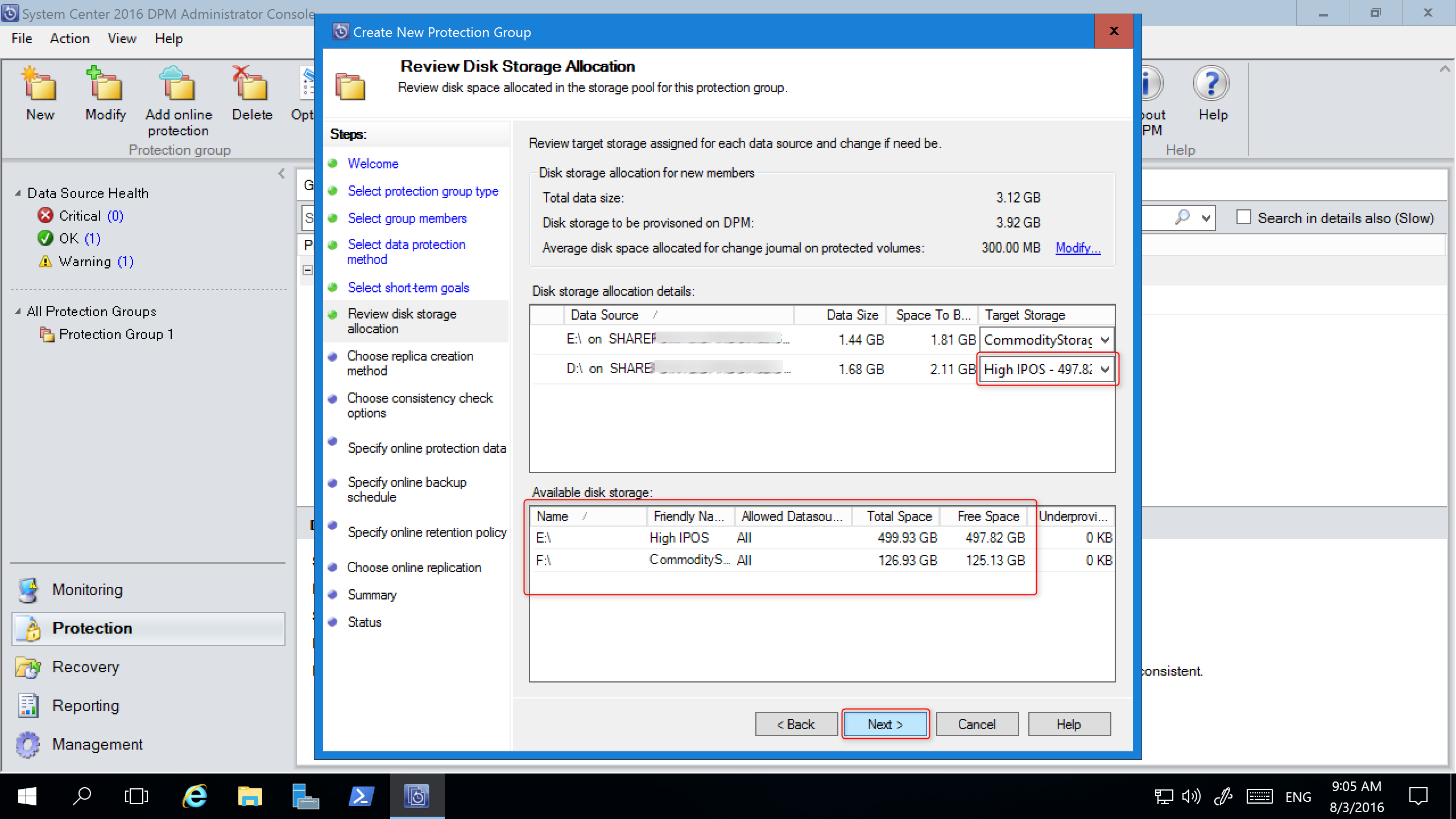 Captura de pantalla que muestra cómo revisar la asignación de Disk Storage.