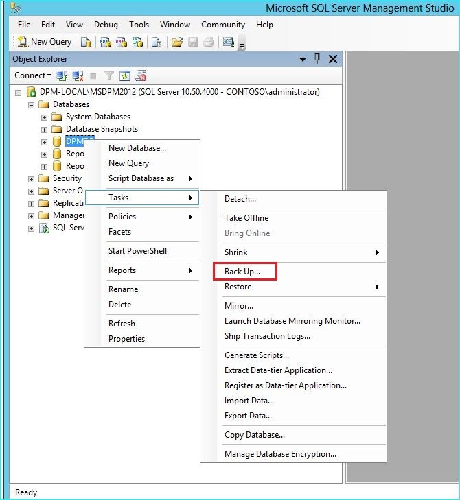 Captura de pantalla de la página microsoft SQL Management Studio que muestra la opción Seleccionar copia de seguridad.
