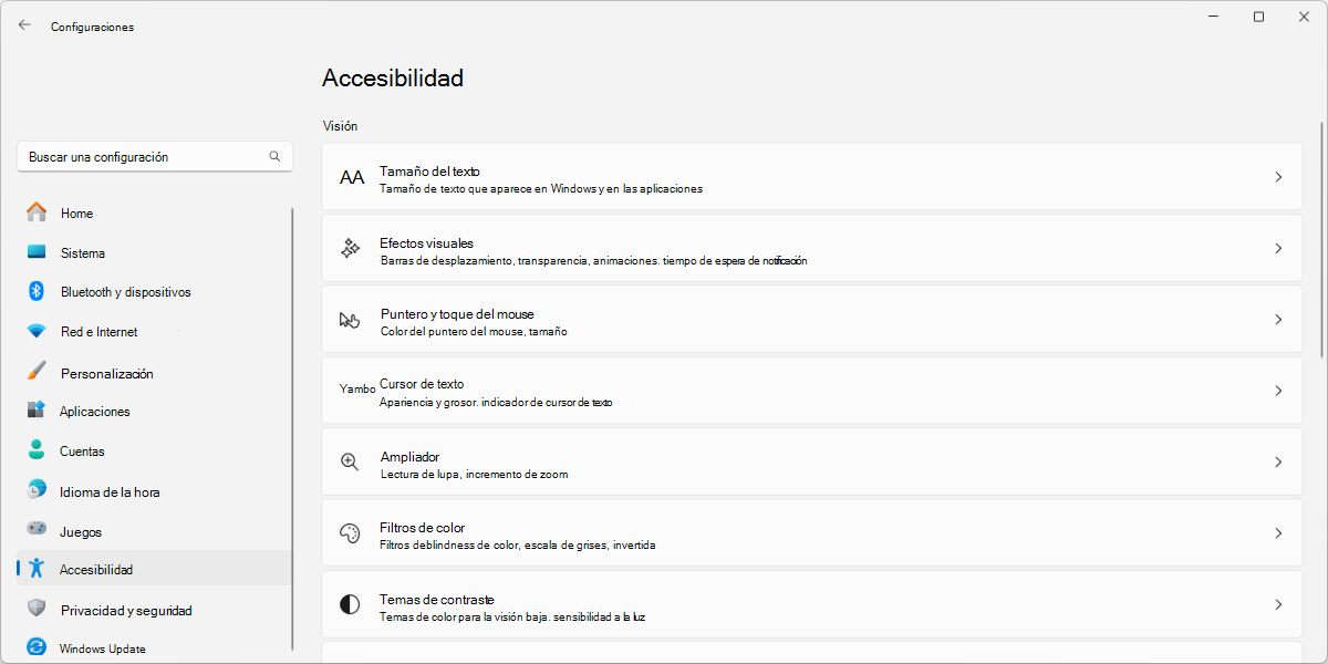 Captura de pantalla de Windows 11 configuración de accesibilidad.