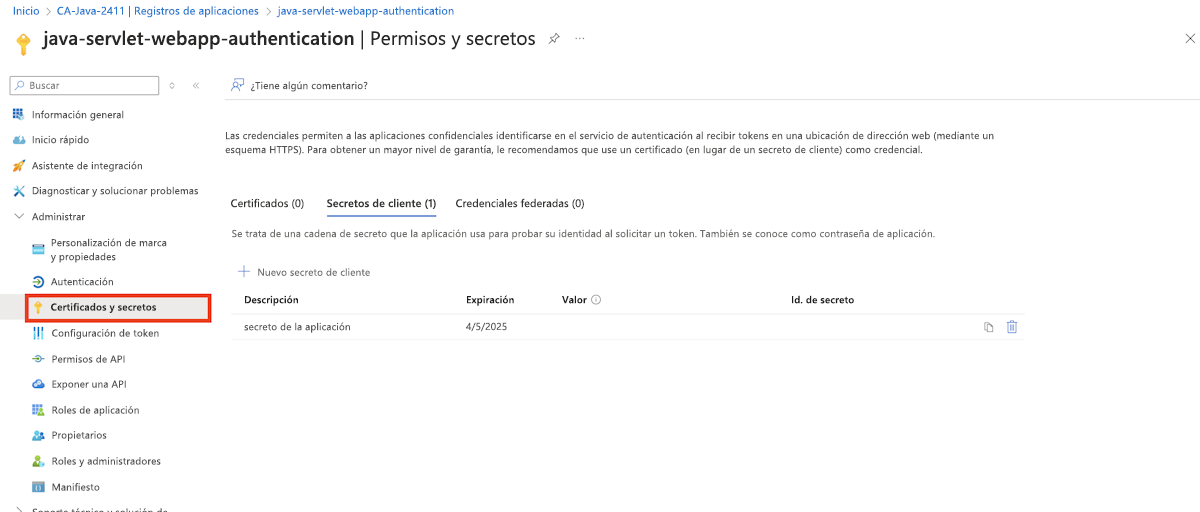Captura de pantalla en la que se resalta el panel de certificadores y secretos de una aplicación registrada con Microsoft Entra ID en Azure Portal.
