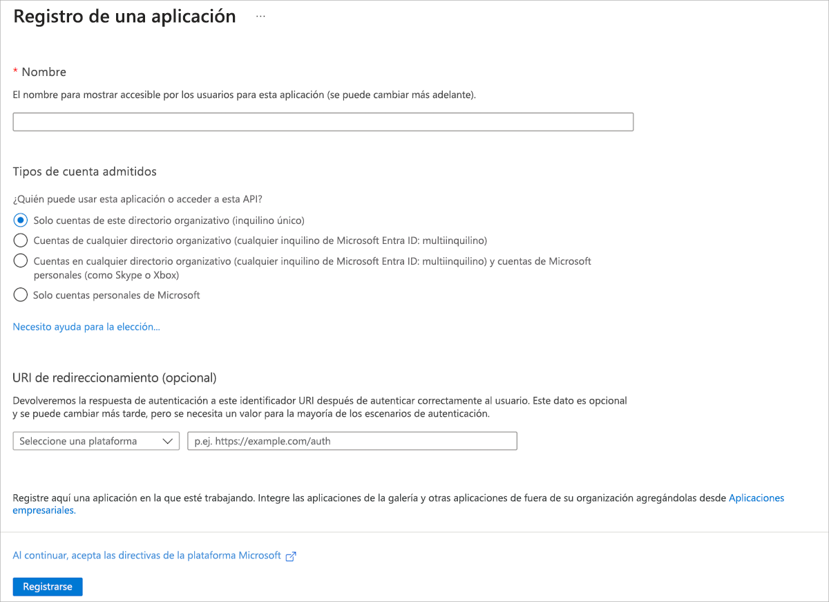 Captura de pantalla que muestra el registro de una nueva aplicación con Microsoft Entra ID en Azure Portal.