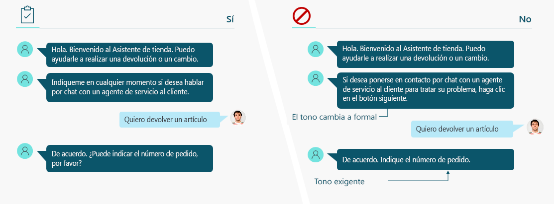 Captura de pantalla de aspectos recomendables y desaconsejables en los agentes; uno de los desaconsejables es adoptar un tono formal o exigente