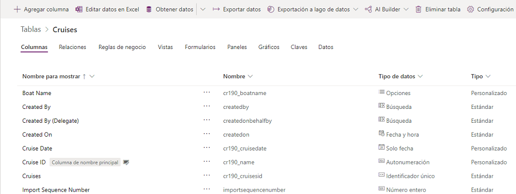 Captura de pantalla de Tablas > Cruceros con una lista de columnas en una tabla.
